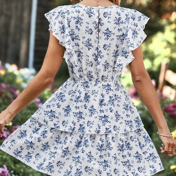 White Boho Womens Floral Print Ruffle Trim Ruffle Hem Dress - Picture 2 of 5